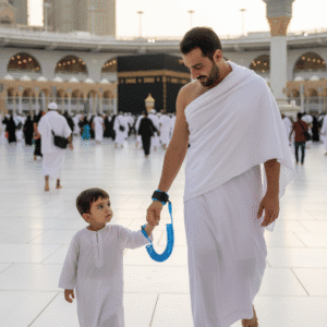 A father holding a child's hand while the child wears the Child Anti-Lost Wrist Link in the Grand Mosque during Umrah.