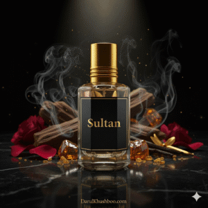 Sultan Attar 12ml non-alcoholic perfume oil on a polished wood surface next to a prayer mat, highlighting its premium presentation.